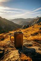 Adventurous backpackers trekking scenic trails portable coffee mugs their faithful companions photo