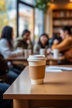 Quiet library session with students huddled over takeaway coffee background with empty space for text photo