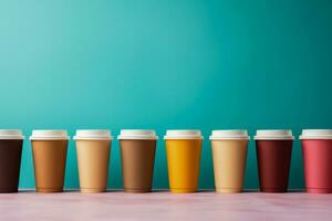 Artistic paper coffee cups lined up background with empty space for text photo