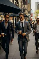 Suits on a cityscape pacing the day with takeaway coffee cups photo