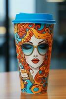 Chic paper coffee cups boasting artful designs showcasing quirky pop culture photo