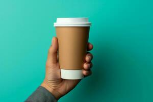 Close up of hands holding a takeaway coffee cup background with empty space for text photo