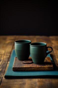 Yoga mats and coffee cups post class serene setting background with empty space for text photo