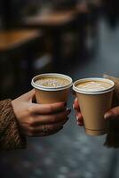 Close up of hands swapping takeaway coffee cups in an intimate exchange photo