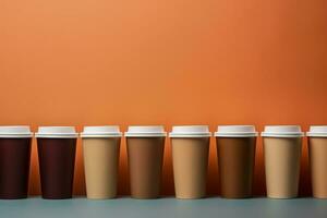 Artistic paper coffee cups lined up background with empty space for text photo