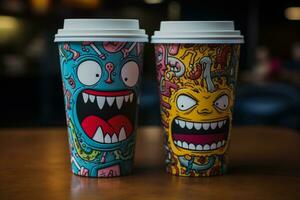 Chic paper coffee cups boasting artful designs showcasing quirky pop culture photo