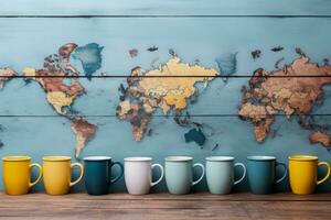 Travel destination coffee mugs arranged haphazardly background with empty space for text photo