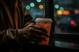 Motorist at drive thru window receiving early morning coffee pick me up photo