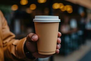 Close up of hands holding a takeaway coffee cup background with empty space for text photo