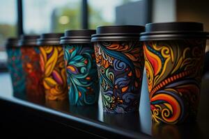 Multi colored paper coffee cups display of unique artistic flair and creativity photo