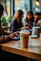 Students studying at a university cafe clutching takeaway coffees background with empty space for text photo