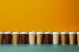 Artistic paper coffee cups lined up background with empty space for text photo