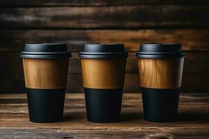 Reusable coffee cups on a rustic wooden table background with empty space for text photo