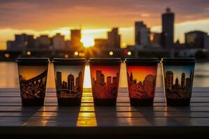 Urban skyline reflected in shiny takeaway coffee cups during sunrise photo