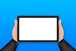 Hand on tablet in cartoon style. Using digital tablet pc. Vector stock illustration