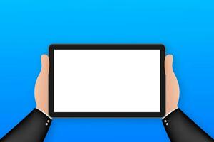 Hand on tablet in cartoon style. Using digital tablet pc. Vector stock illustration