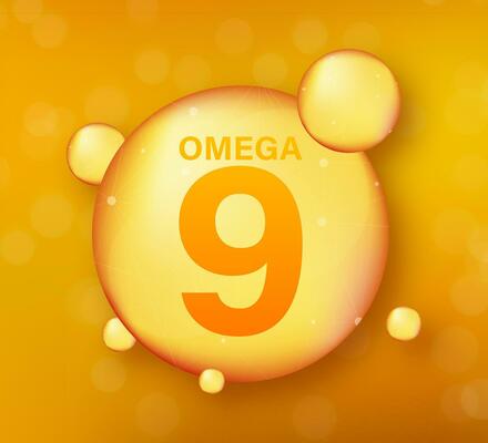 Omega 9 gold icon. Vitamin drop pill capsule. Shining golden essence droplet. Vector illustration