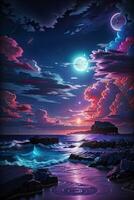 Fantasy seascape. Night sky with clouds and moon. 3d rendering. AI Generated. photo