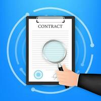 Hand checking contract with a magnifying glass before signing. Vector stock illustration