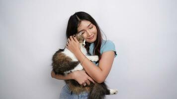 jovem ásia mulher abraçando fofa angorá gato com amarelo olhos para emocional apoiar, isolado de branco fundo. adorável doméstico animal conceito. video