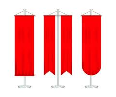 Signal red long sport advertising pennants banners samples on pole stand support pedestal realistic set. Vector stock illustration.