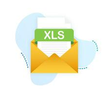 Download XLS button on laptop screen. Downloading document concept. File with XLS label and down arrow sign. Vector illustration.