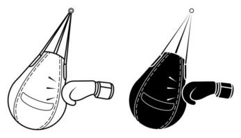 Sports boxing glove beats punching bag for sports training. Training boxers in gym. Black and white vector