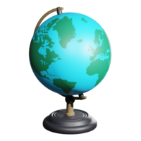 3D rendering of school globe on wooden stand. Studying geography of countries and continents at school and institution. Realistic PNG illustration isolated on transparent background