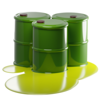 3D rendering of green metal barrels with leaking radioactive liquid. Pollution of environment with waste of chemical industry. Realistic PNG illustration isolated on transparent background