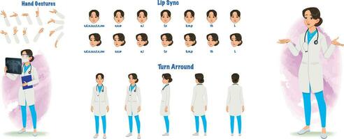 A Radiologist model sheet. Female doctor turnaround sheet. Doctor hand gestures, lip sync vector