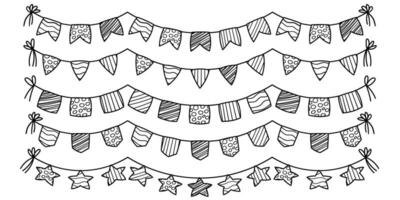 Vector Set of Hand-Drawn Bunting Flags. Doodle Garland with lines, waves line, Polka Dots. Perfect for Holiday Decorations.