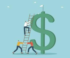 Teamwork for income and salary growth, cooperation for financial and economic stability, increase in investment portfolio and savings, increase in value of currency, man climbs it to top of dollar. vector