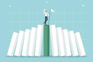 Strategy for surviving an economic crisis or recession, finding a way out of business problems, maintaining financial position and cash during stock market crash, man with flag stood on falling graph. vector