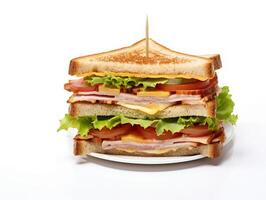 Cut cheese and ham toasted panini melt with grill marks. Isolated on white. . photo