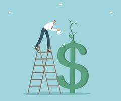 Financial and economic improvement, increase in the value of foreign currency, growth in income and wages, increase in profit from investment and innovation, man watering the sprout on the dollar icon vector