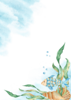 mar cartão modelo com fofa peixe, algas, conchas, água bolhas, azul aguarela salpicos. marinho Projeto. mão desenhado aguarela ilustração. para Salve  a data, cumprimento crianças aniversário cartões. png