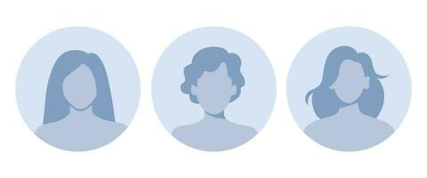 Woman empty avatars set. Default photo placeholder for social networks, resumes, forums and dating sites. Male and female no photo images for unfilled user profile. Vector illustration.