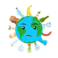 Sad planet Earth with a garbage. Trash polluted planet earth, sad, suffer, tired, sick. Ecology concept. Vector illustration.