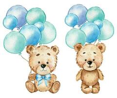 linda bebé oso con globos acuarela ilustración, pequeño oso con globos aislado en blanco antecedentes. mano dibujado encantador animal para guardería decoración niños ilustración. bebé ducha concepto vector