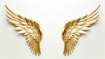 Golden angel wings on white background, AI Generative. photo