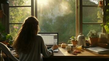 Focused woman working remotely from home, back view photo