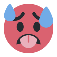 Top quality emoticon. Hot emoji. Overheated emoticon, red face with tongue stuck out. Yellow face emoji. Popular element. png