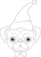 Christmas greeting card for coloring. Pug dog with Santa's hat vector