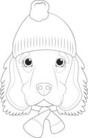 Christmas greeting card for coloring. English Cocker Spaniel dog wearing a woolen cap for winter vector