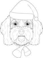 Christmas greeting card for coloring. Cavoodle dog with Santa's hat and a woolen scarf for winter vector