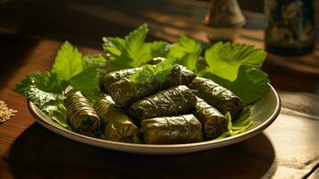 foto de dolmas - relleno uva hojas como un plato en un gama alta restaurante. generativo ai