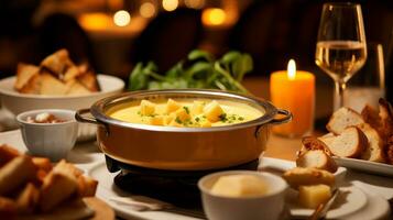 foto de queso fondue como un plato en un gama alta restaurante. generativo ai