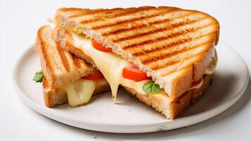 Grilled cheese and tomato sandwich on white background, . photo
