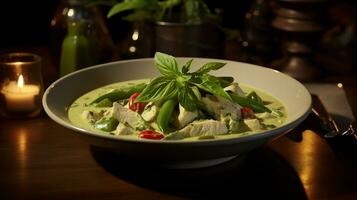 Photo of Thai Green Curry as a dish in a high-end restaurant. Generative AI