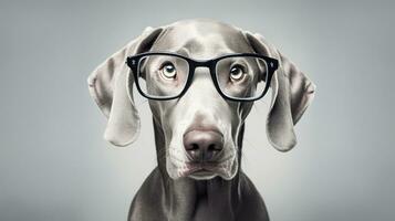 Photo of a Weimaraner dog using eyeglasses isolated on white background. Generative AI